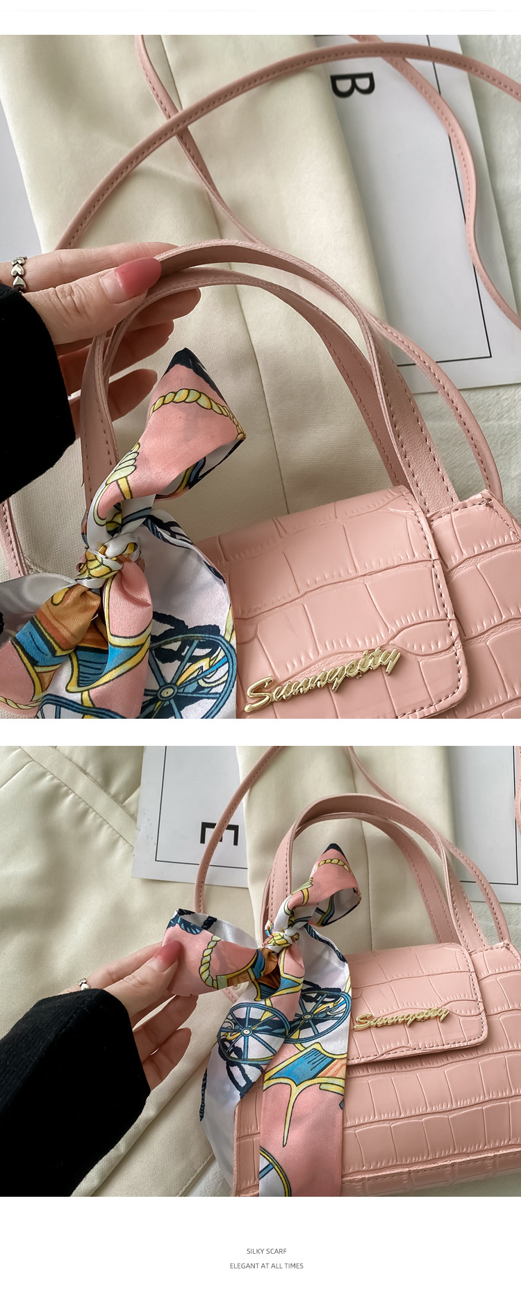 Silk Scarf Fashion Messenger Bag Lady Handbags Stone Pattern Portable Shoulder Bag Kelly Bag Cross-Border Wholesale