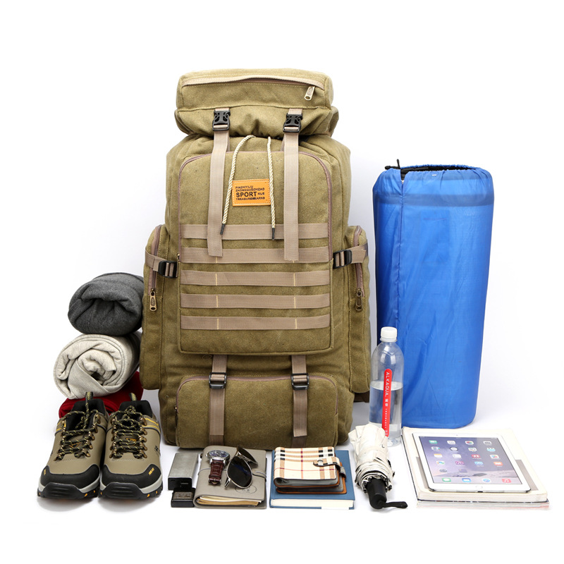 Cross-Border Exclusive Multi-Functional Outdoor Mountaineering Bag 80 Liter Canvas Large Capacity Backpack Travel Waterproof Rucksack