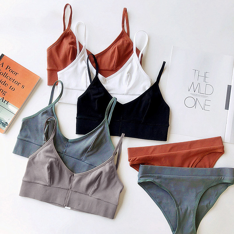 European and American Rib Cotton Low Backless Sexy V-neck Wireless Bra Set Shoulder Camisole Underwear Tz42001