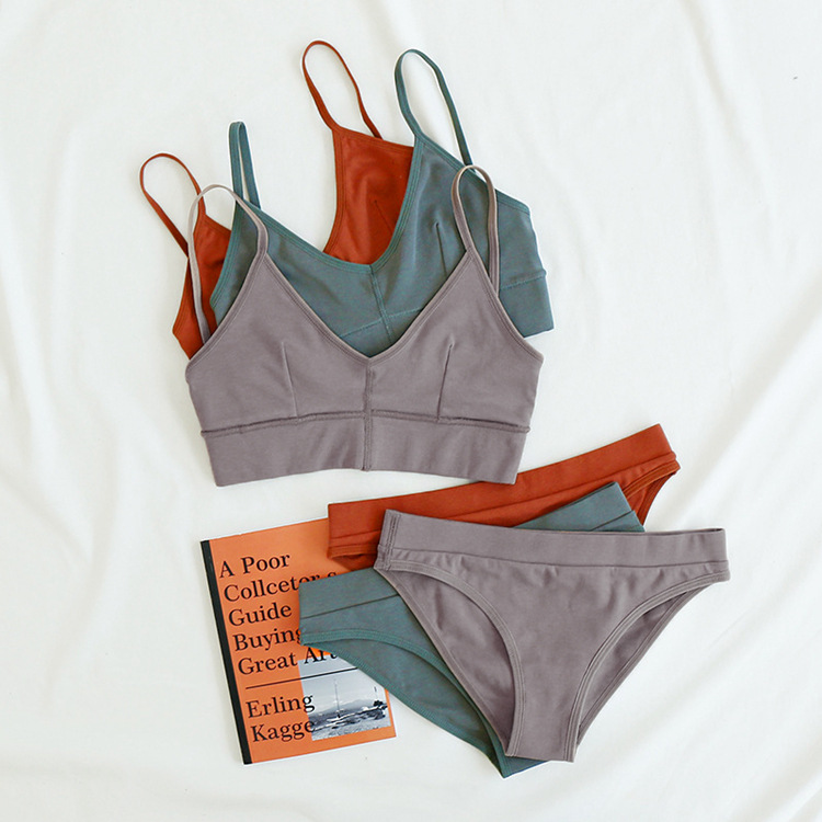European and American Rib Cotton Low Backless Sexy V-neck Wireless Bra Set Shoulder Camisole Underwear Tz42001