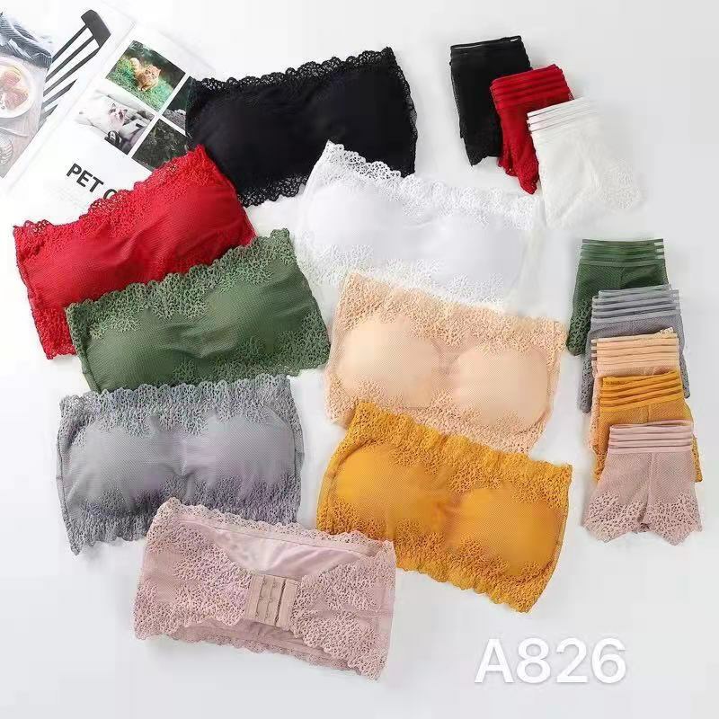 Sexy Lace Strapless Tube Top Non-Slip Girl&#039;s Underwear Small Chest Push up Wireless Beauty Back Strapless Bra Set