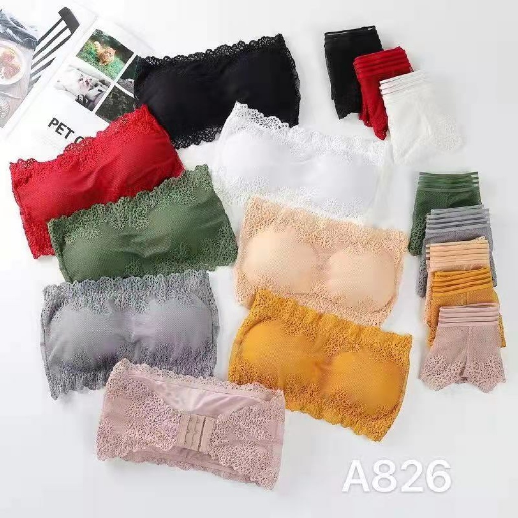 Sexy Lace Strapless Tube Top Non-Slip Girl's Underwear Small Chest Push up Wireless Beauty Back Strapless Bra Set