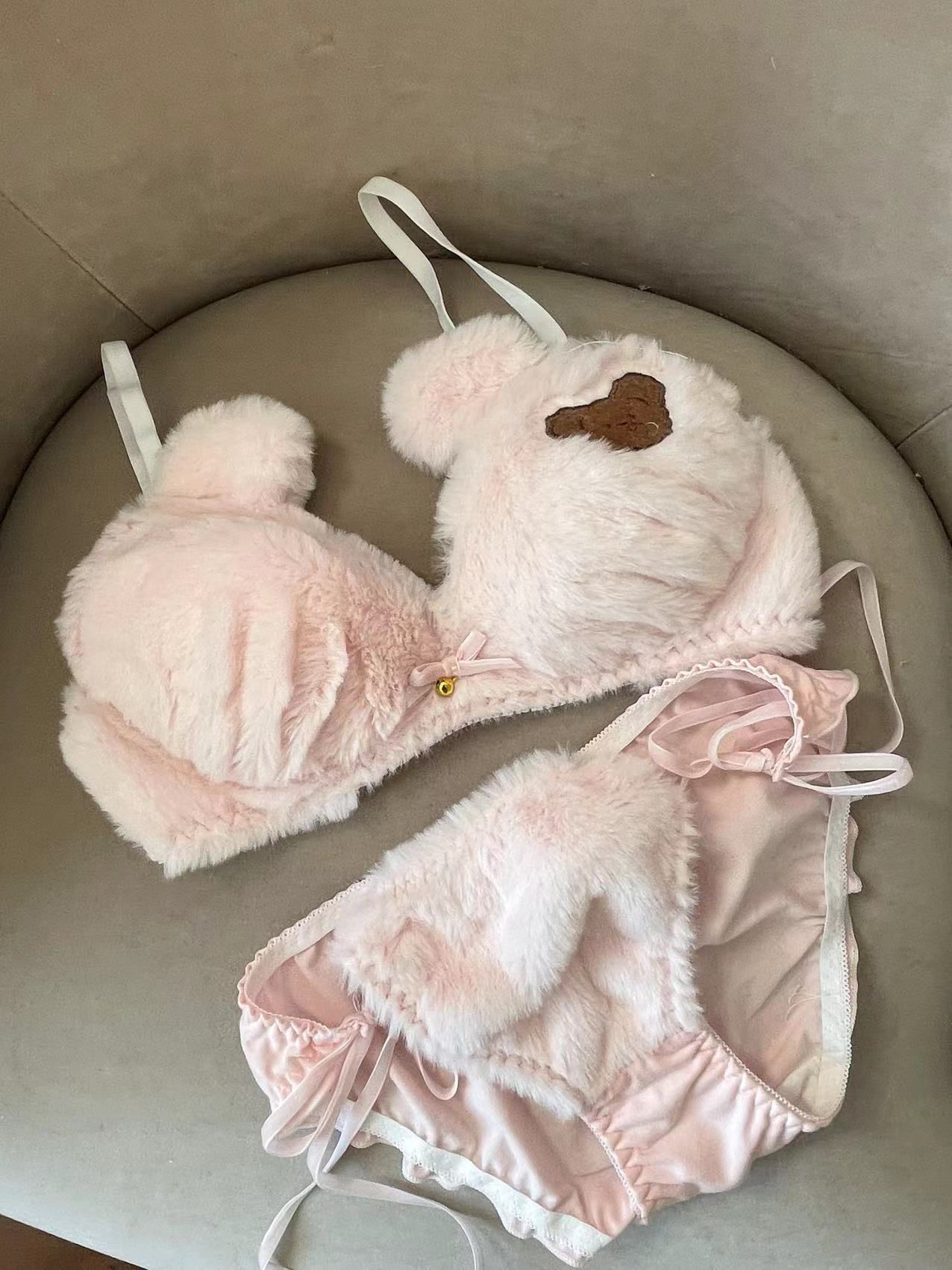 Japanese Girl's Underwear Cute Anime Cartoon Bear Bar Student Plush Steel Ring Bow Bra Set