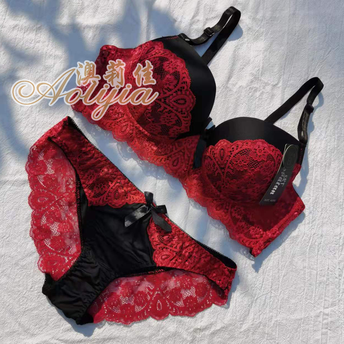 Steel Ring Massage Cup Lace Bra Set Contrast Color Lace B Cup Bra Panties Set 6 Colors