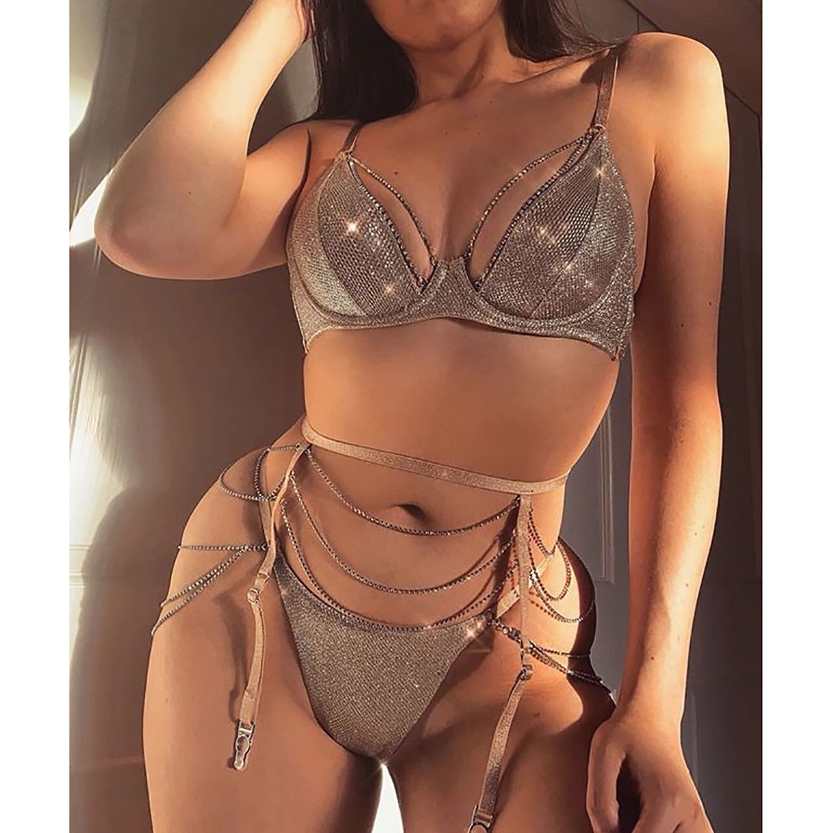 New European and American Heavy Craft Fashion Sexy Sexy Steel Ring Push up Chest Support Underwear Hot Drilling Three-Piece Set 6681