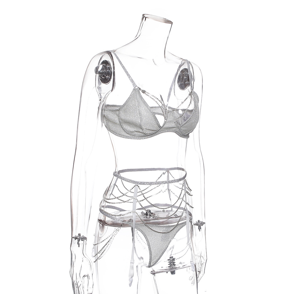 New European and American Heavy Craft Fashion Sexy Sexy Steel Ring Push up Chest Support Underwear Hot Drilling Three-Piece Set 6681