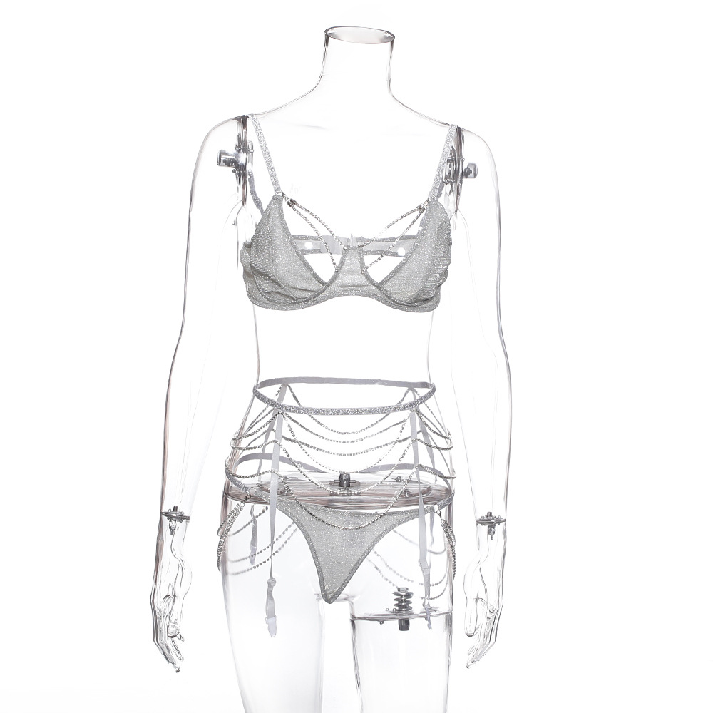 New European and American Heavy Craft Fashion Sexy Sexy Steel Ring Push up Chest Support Underwear Hot Drilling Three-Piece Set 6681