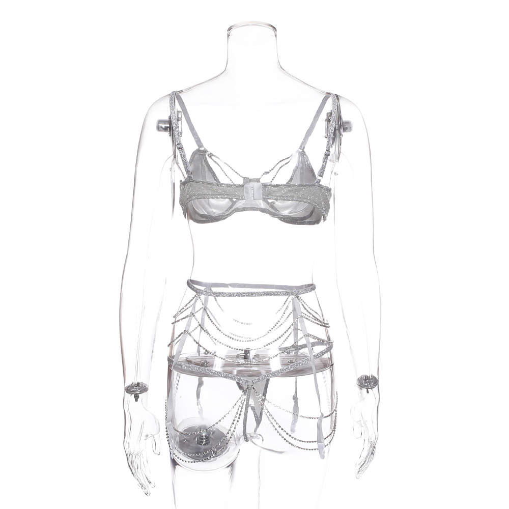 New European and American Heavy Craft Fashion Sexy Sexy Steel Ring Push up Chest Support Underwear Hot Drilling Three-Piece Set 6681