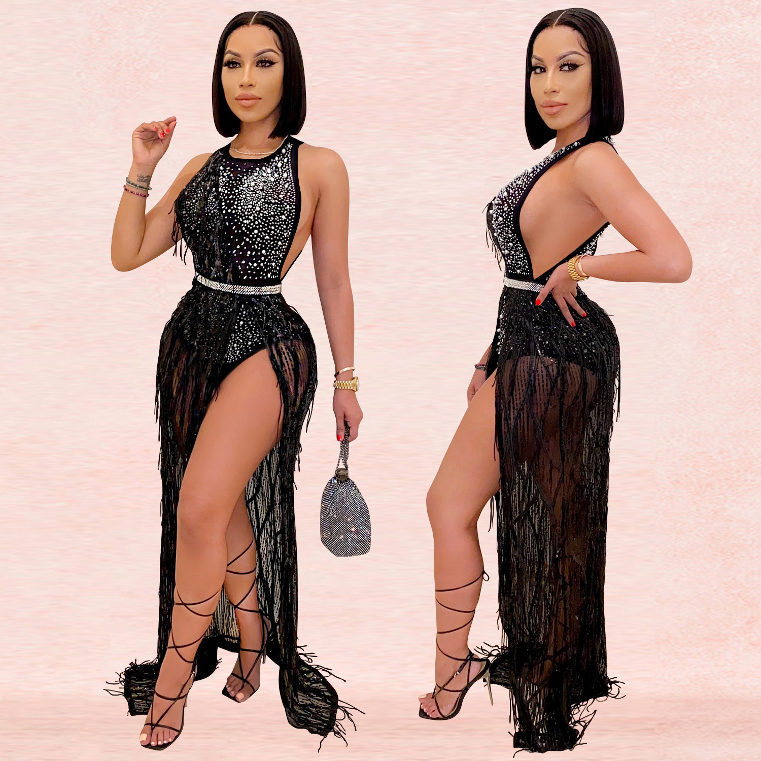 C3710 Cross-Border New Fashion European and American Style Nightclub Hot Drilling Sequin Mesh Sexy Tassel Dress Two-Piece Set for Women