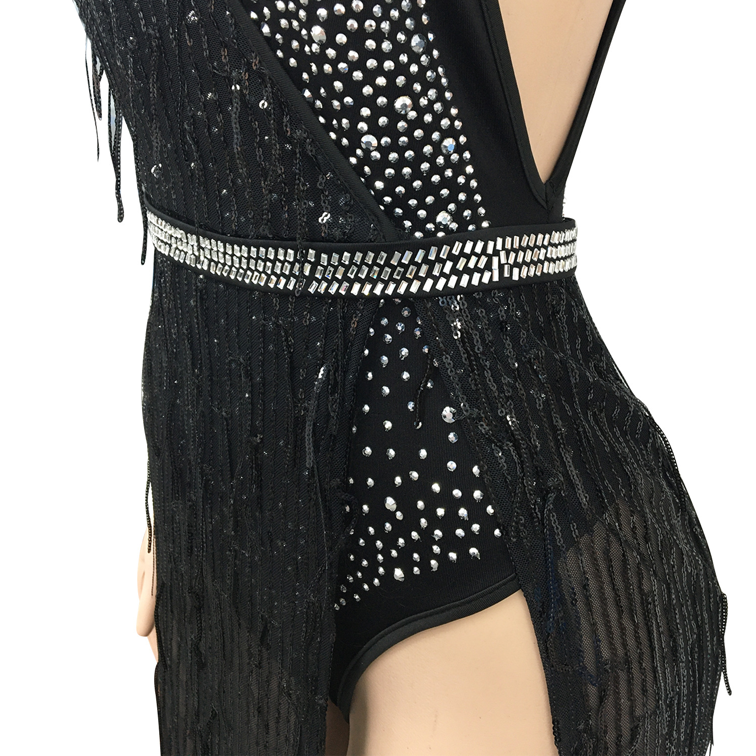 C3710 Cross-Border New Fashion European and American Style Nightclub Hot Drilling Sequin Mesh Sexy Tassel Dress Two-Piece Set for Women