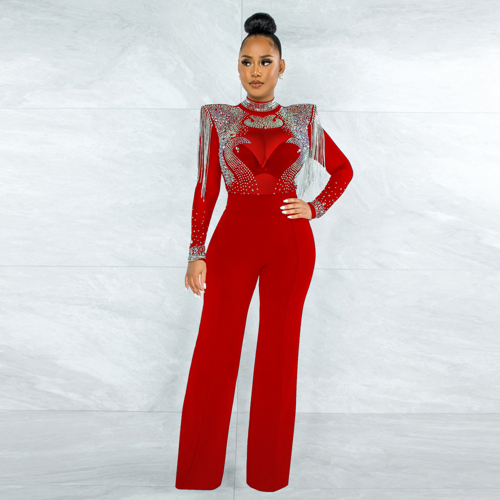 Cy9232b European and American Amazon Fashion Sexy Casual Slim Fit Turtleneck See-through Hot Drilling Tassel Jumpsuit