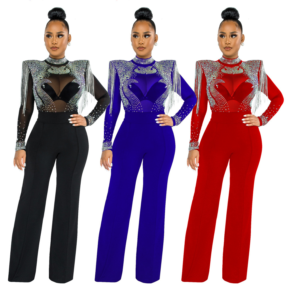 Cy9232b European and American Amazon Fashion Sexy Casual Slim Fit Turtleneck See-through Hot Drilling Tassel Jumpsuit