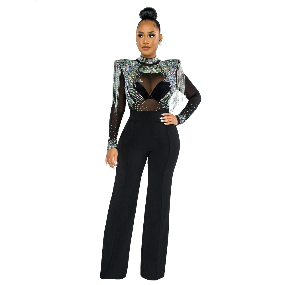 Cy9232b European and American Amazon Fashion Sexy Casual Slim Fit Turtleneck See-through Hot Drilling Tassel Jumpsuit