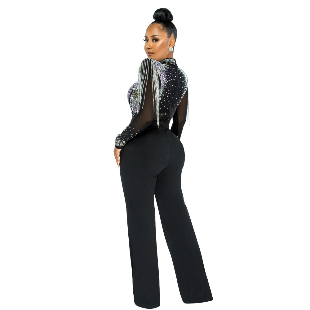 Cy9232b European and American Amazon Fashion Sexy Casual Slim Fit Turtleneck See-through Hot Drilling Tassel Jumpsuit