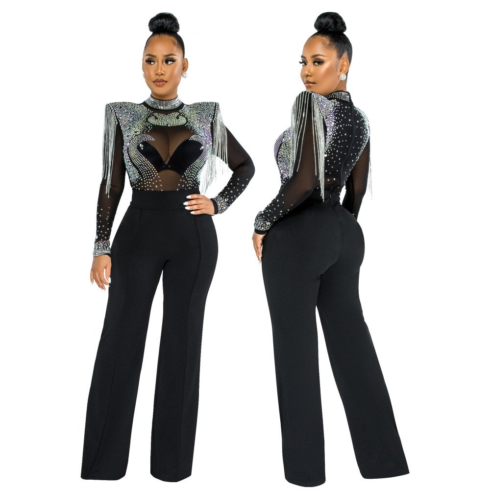 Cy9232b European and American Amazon Fashion Sexy Casual Slim Fit Turtleneck See-through Hot Drilling Tassel Jumpsuit Cy9232b European and American Amazon Fashion Sexy Casual Slim Fit Turtleneck See-through Hot Drilling Tassel Jumpsuit