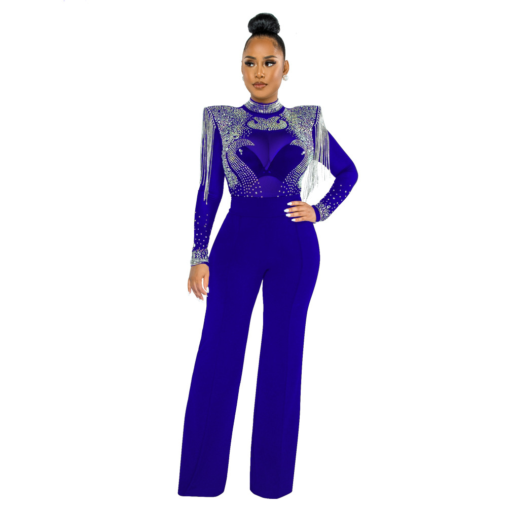 Cy9232b European and American Amazon Fashion Sexy Casual Slim Fit Turtleneck See-through Hot Drilling Tassel Jumpsuit Cy9232b European and American Amazon Fashion Sexy Casual Slim Fit Turtleneck See-through Hot Drilling Tassel Jumpsuit