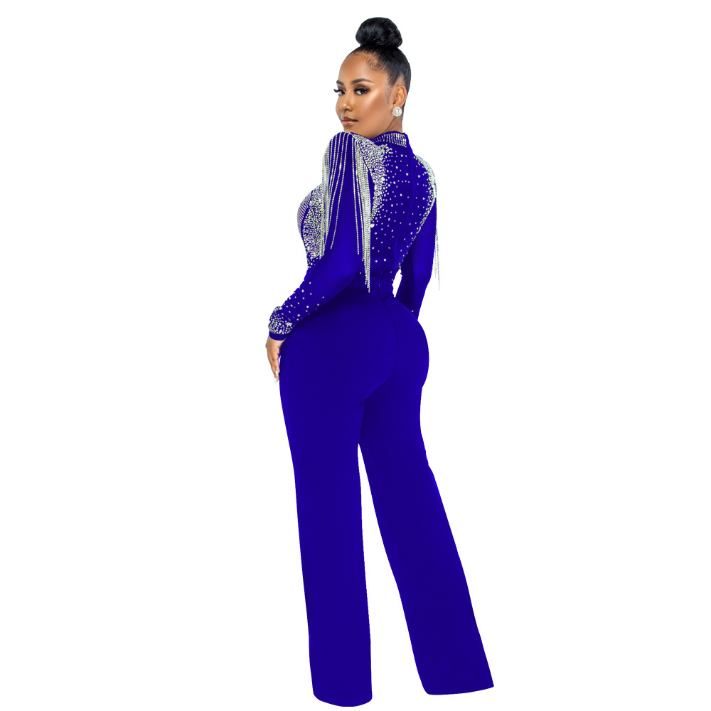 Cy9232b European and American Amazon Fashion Sexy Casual Slim Fit Turtleneck See-through Hot Drilling Tassel Jumpsuit Cy9232b European and American Amazon Fashion Sexy Casual Slim Fit Turtleneck See-through Hot Drilling Tassel Jumpsuit