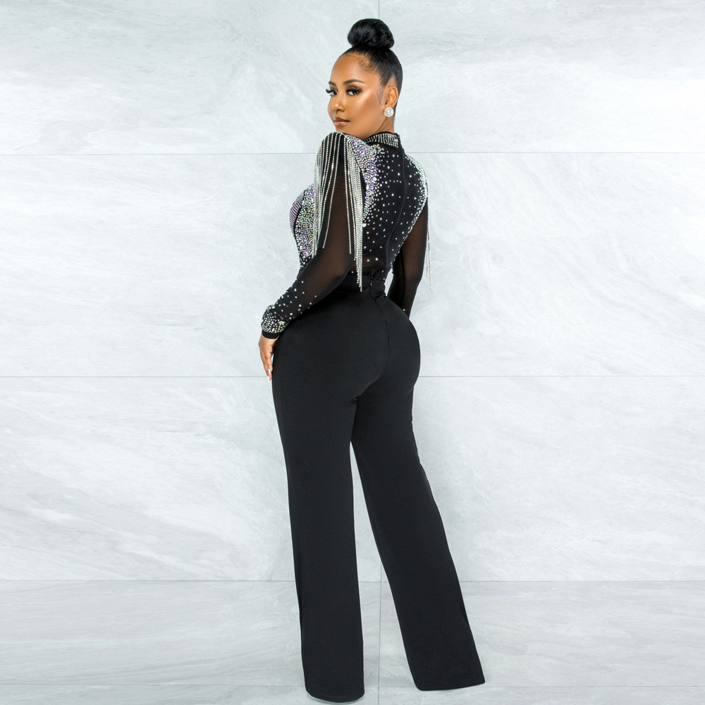 Cy9232b European and American Amazon Fashion Sexy Casual Slim Fit Turtleneck See-through Hot Drilling Tassel Jumpsuit Cy9232b European and American Amazon Fashion Sexy Casual Slim Fit Turtleneck See-through Hot Drilling Tassel Jumpsuit