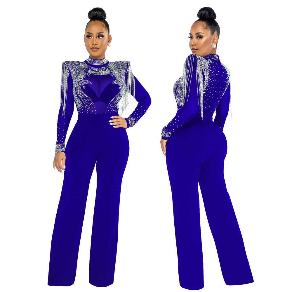 Cy9232b European and American Amazon Fashion Sexy Casual Slim Fit Turtleneck See-through Hot Drilling Tassel Jumpsuit Cy9232b European and American Amazon Fashion Sexy Casual Slim Fit Turtleneck See-through Hot Drilling Tassel Jumpsuit