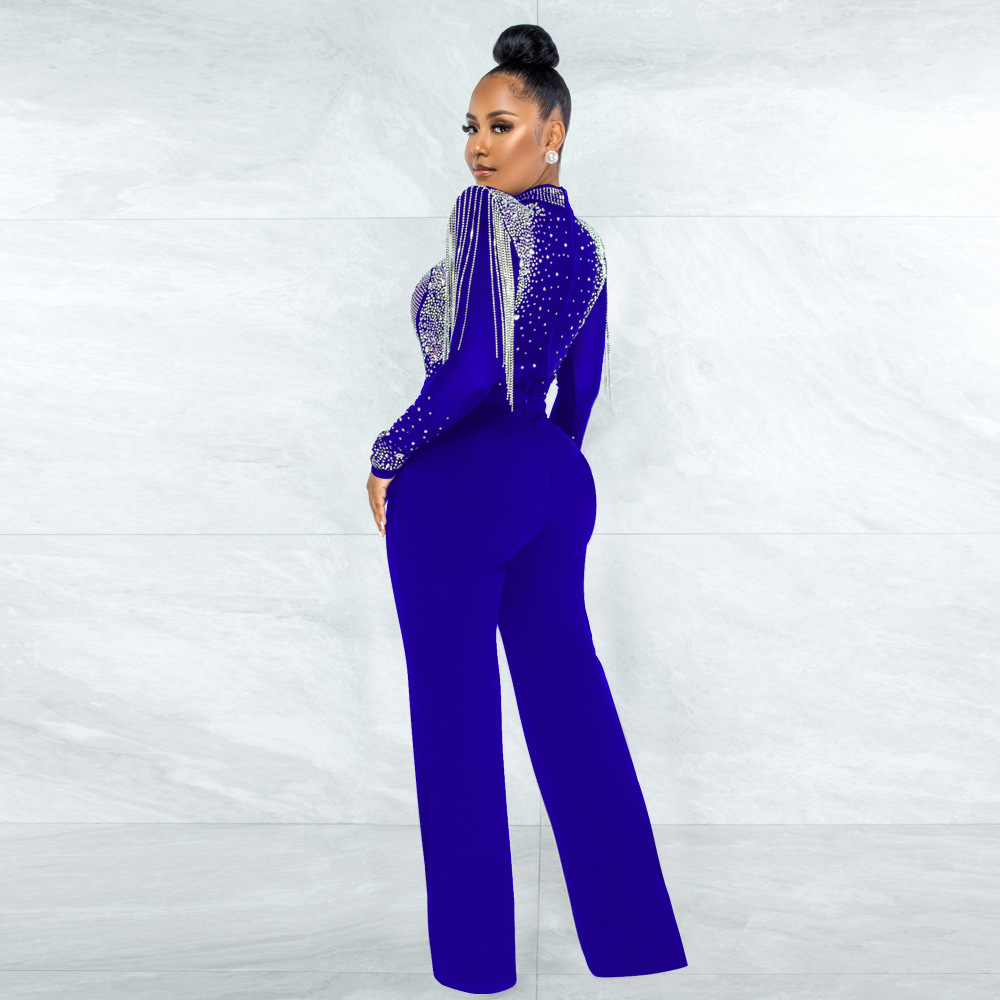 Cy9232b European and American Amazon Fashion Sexy Casual Slim Fit Turtleneck See-through Hot Drilling Tassel Jumpsuit Cy9232b European and American Amazon Fashion Sexy Casual Slim Fit Turtleneck See-through Hot Drilling Tassel Jumpsuit