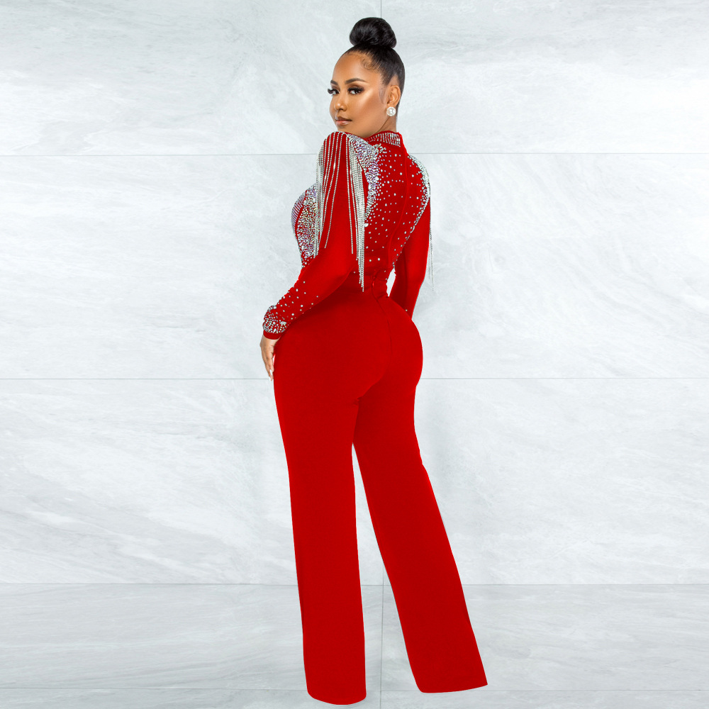 Cy9232b European and American Amazon Fashion Sexy Casual Slim Fit Turtleneck See-through Hot Drilling Tassel Jumpsuit Cy9232b European and American Amazon Fashion Sexy Casual Slim Fit Turtleneck See-through Hot Drilling Tassel Jumpsuit