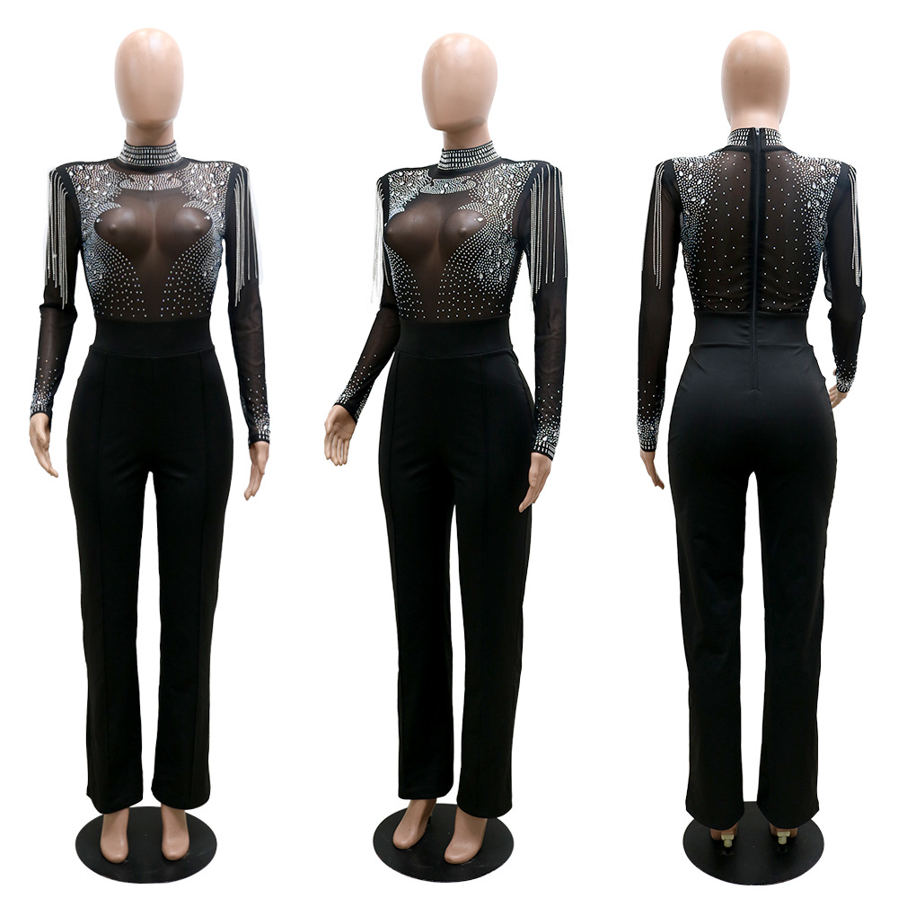 Cy9232b European and American Amazon Fashion Sexy Casual Slim Fit Turtleneck See-through Hot Drilling Tassel Jumpsuit Cy9232b European and American Amazon Fashion Sexy Casual Slim Fit Turtleneck See-through Hot Drilling Tassel Jumpsuit