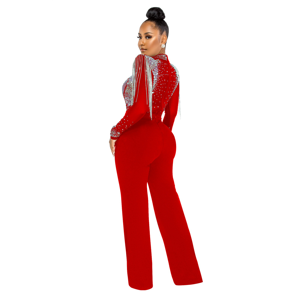 Cy9232b European and American Amazon Fashion Sexy Casual Slim Fit Turtleneck See-through Hot Drilling Tassel Jumpsuit Cy9232b European and American Amazon Fashion Sexy Casual Slim Fit Turtleneck See-through Hot Drilling Tassel Jumpsuit