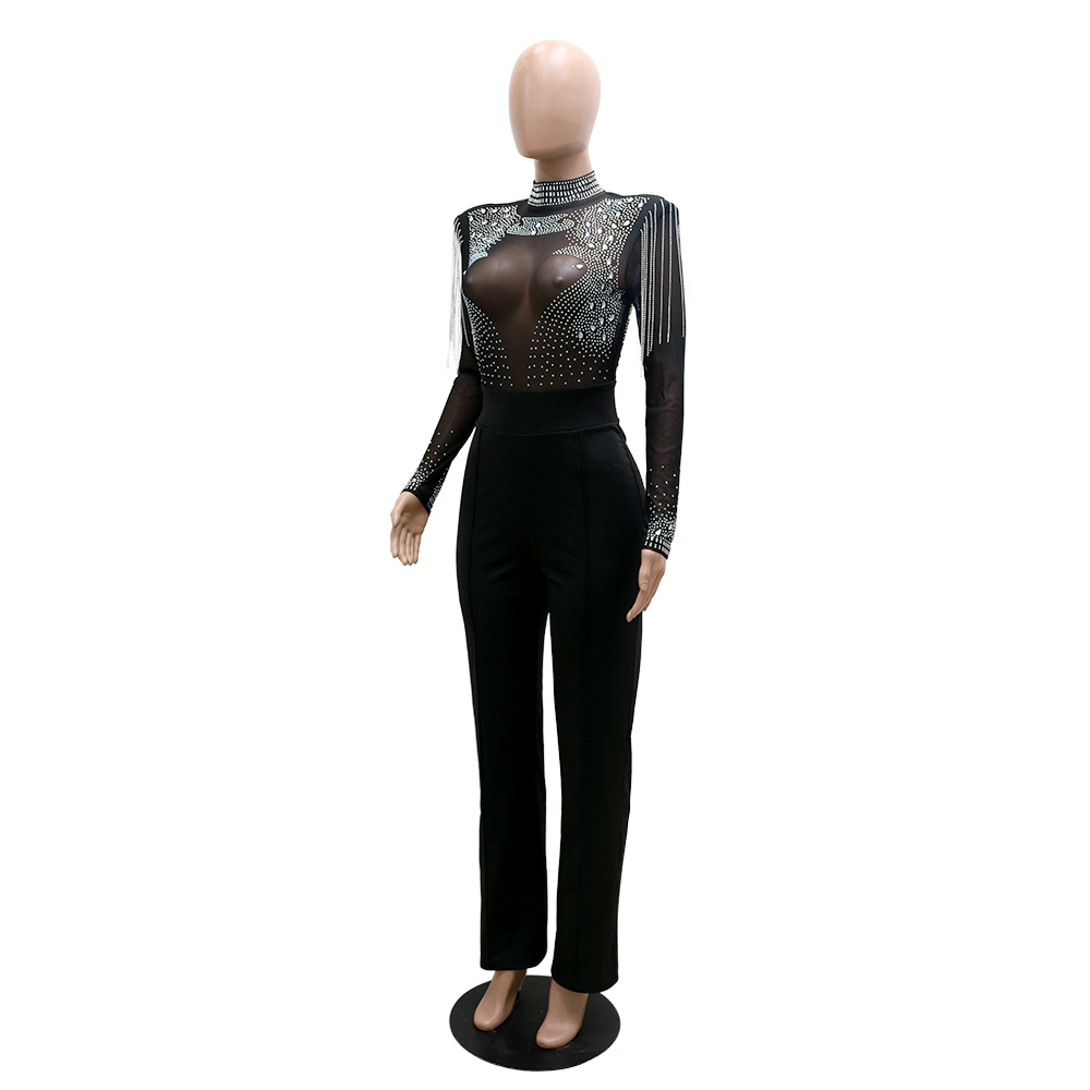 Cy9232b European and American Amazon Fashion Sexy Casual Slim Fit Turtleneck See-through Hot Drilling Tassel Jumpsuit Cy9232b European and American Amazon Fashion Sexy Casual Slim Fit Turtleneck See-through Hot Drilling Tassel Jumpsuit