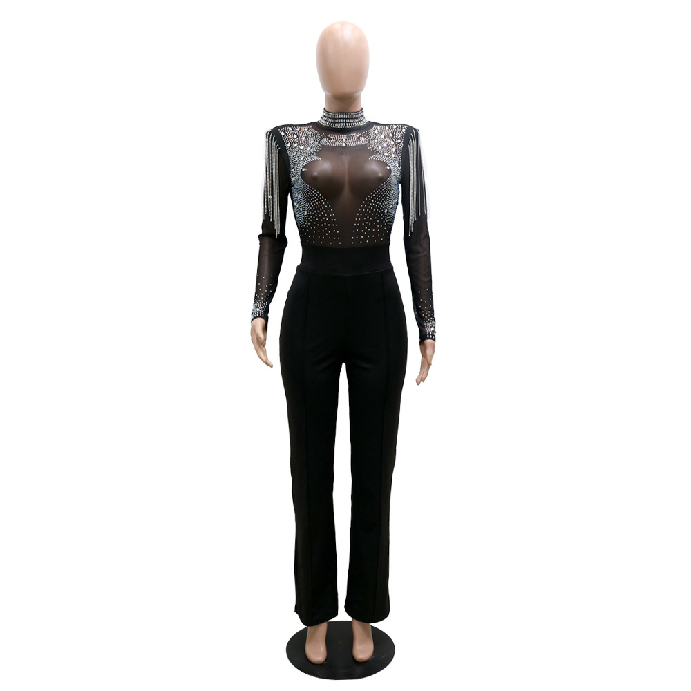 Cy9232b European and American Amazon Fashion Sexy Casual Slim Fit Turtleneck See-through Hot Drilling Tassel Jumpsuit Cy9232b European and American Amazon Fashion Sexy Casual Slim Fit Turtleneck See-through Hot Drilling Tassel Jumpsuit