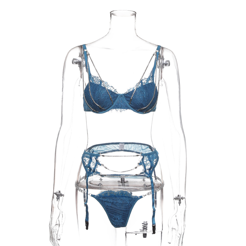 Heavy Craft Women's Fashion Sexy Gather Pushup Underwear Lace Hot Drilling ThreePiece Set 2019 New Style 6072