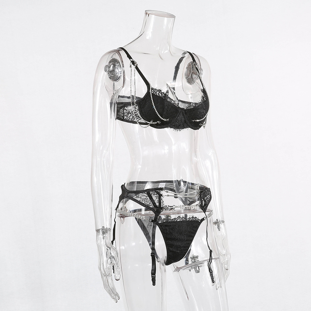 Heavy Craft Women's Fashion Sexy Gather Pushup Underwear Lace Hot Drilling ThreePiece Set 2019 New Style 6072