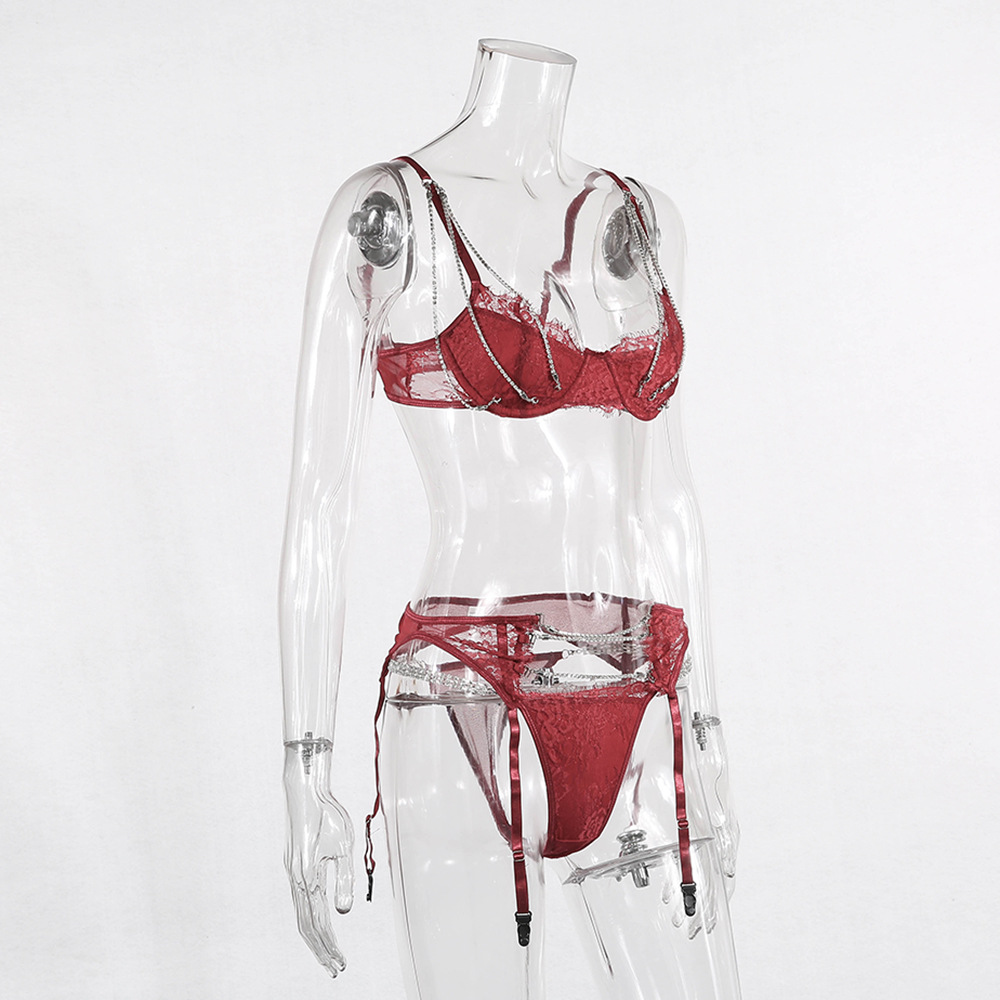 Heavy Craft Women's Fashion Sexy Gather Pushup Underwear Lace Hot Drilling ThreePiece Set 2019 New Style 6072