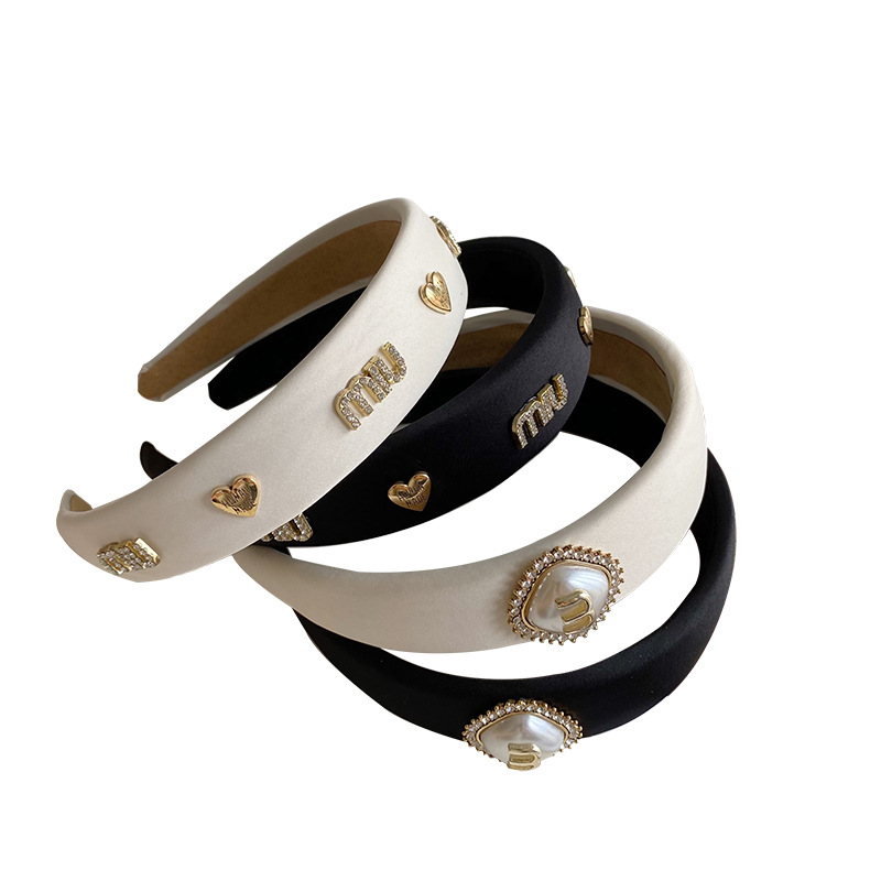 fabric heat press Headband Wide Edge Texture Pearl Rhinestone Headband Letter Satin Hair Tie Fairy Face Wash Headband