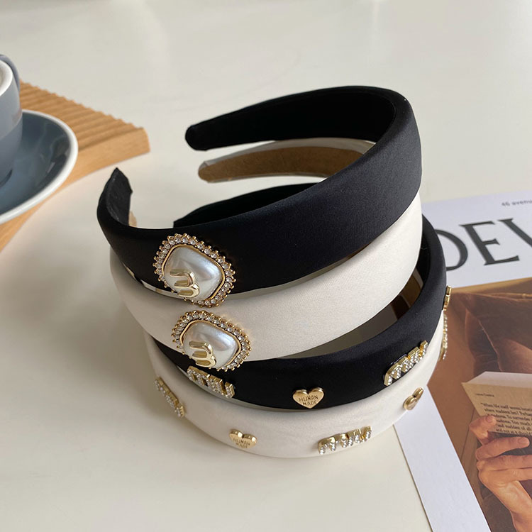 fabric heat press Headband Wide Edge Texture Pearl Rhinestone Headband Letter Satin Hair Tie Fairy Face Wash Headband
