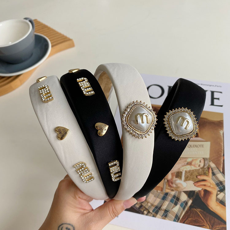 fabric heat press Headband Wide Edge Texture Pearl Rhinestone Headband Letter Satin Hair Tie Fairy Face Wash Headband