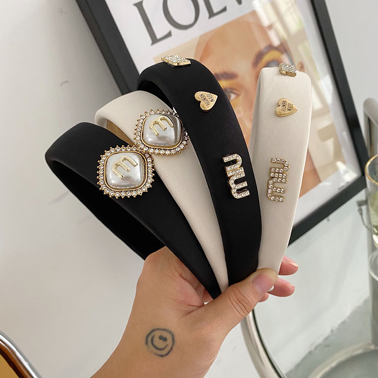 fabric heat press Headband Wide Edge Texture Pearl Rhinestone Headband Letter Satin Hair Tie Fairy Face Wash Headband