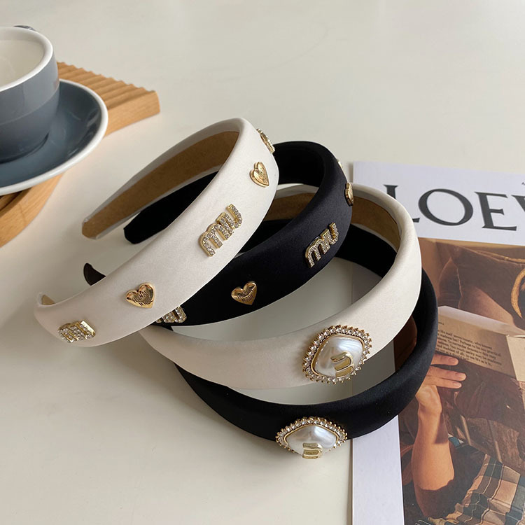 fabric heat press Headband Wide Edge Texture Pearl Rhinestone Headband Letter Satin Hair Tie Fairy Face Wash Headband
