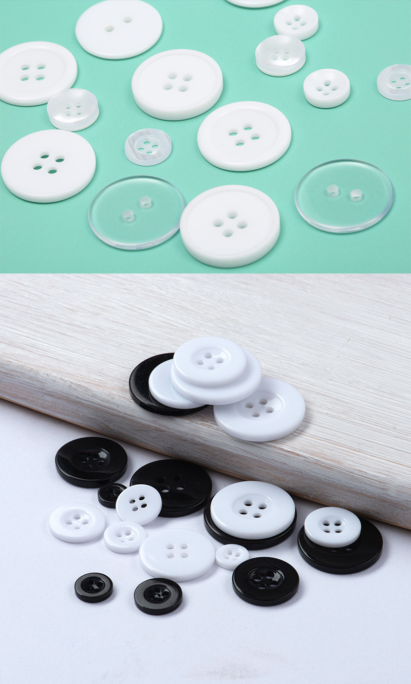 Resin Button Two-Eye Bread Buckle Wide Edge Black Transparent Button Four-Eye Thin Edges White Lining Windbreaker Button Accessories