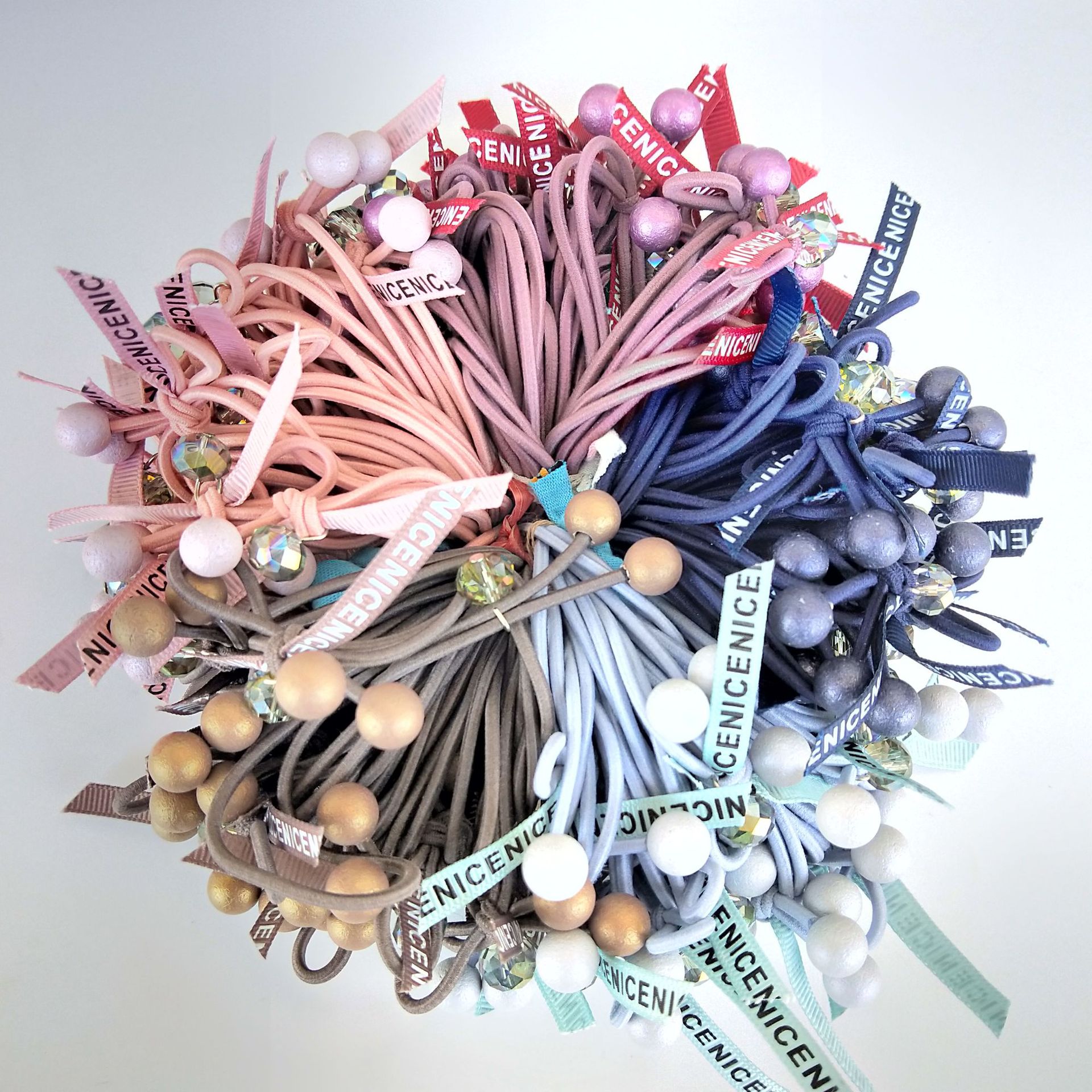 Korean Style Popular Colorful Beads Headband Ribbon Colorful Beads Hair Rope Fashion Hair Ring Colorful Ropes Rubber Band 1 Yuan Supply Ornament Wholesale