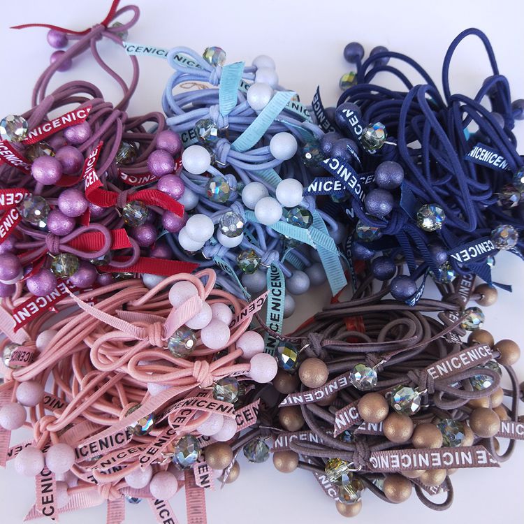Korean Style Popular Colorful Beads Headband Ribbon Colorful Beads Hair Rope Fashion Hair Ring Colorful Ropes Rubber Band 1 Yuan Supply Ornament Wholesale