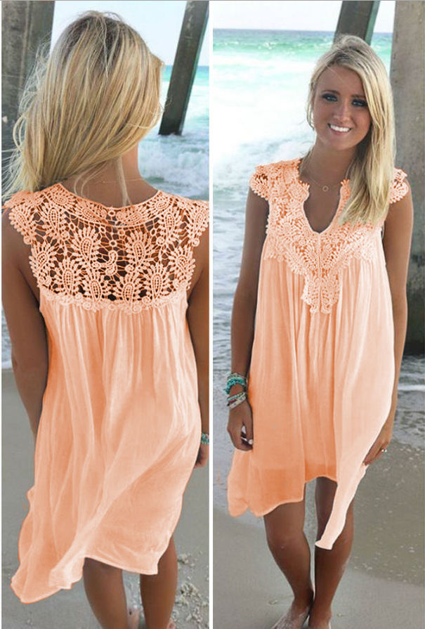 dress with cutout Hook flower Beach dress sexy lace patchwork dress Chiffon dress with cutout hook flower Beach dress
