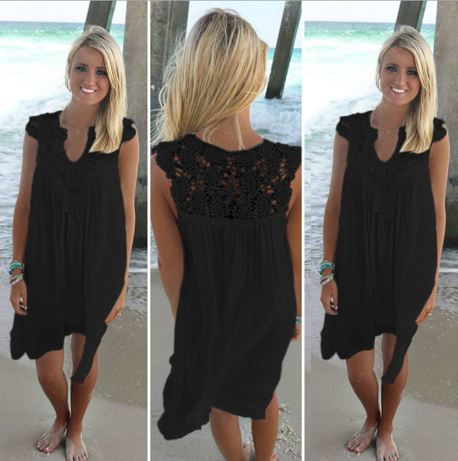 dress with cutout Hook flower Beach dress sexy lace patchwork dress Chiffon dress with cutout hook flower Beach dress