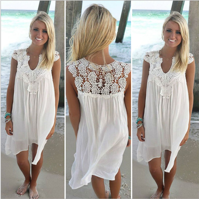 dress with cutout Hook flower Beach dress sexy lace patchwork dress Chiffon dress with cutout hook flower Beach dress