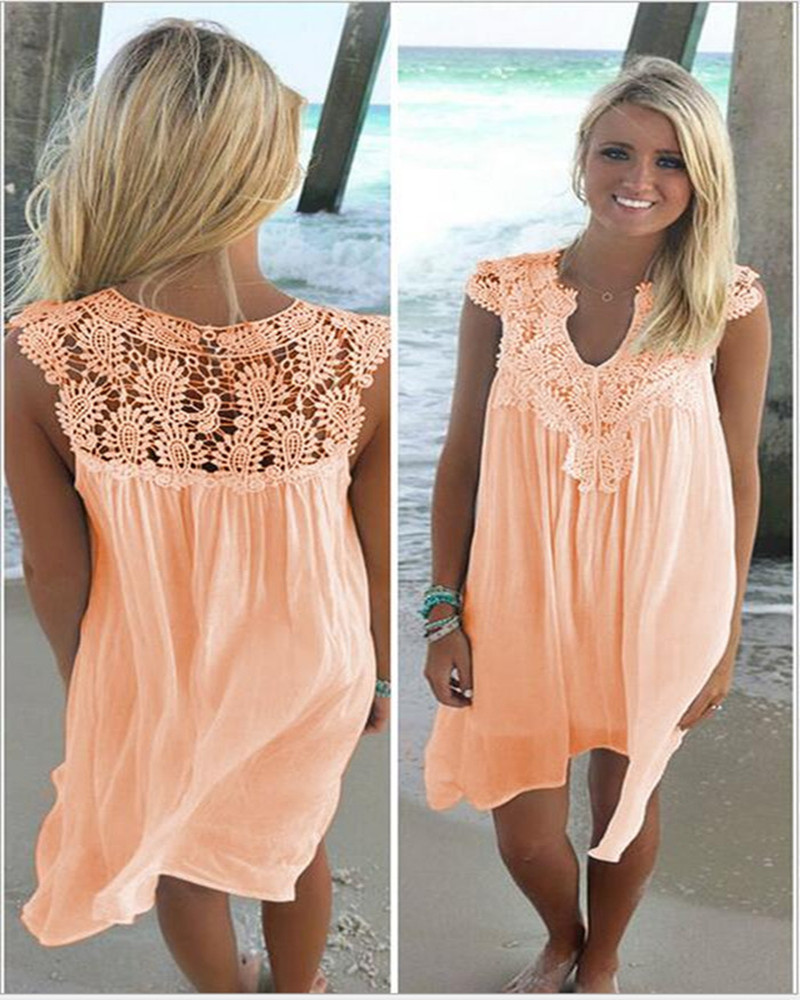 dress with cutout Hook flower Beach dress sexy lace patchwork dress Chiffon dress with cutout hook flower Beach dress