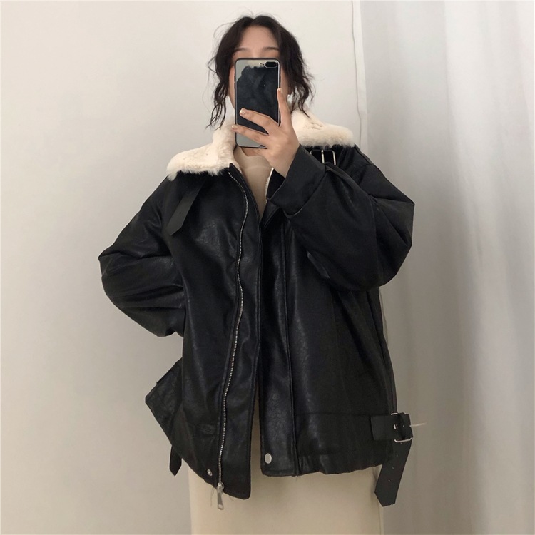 Harbor style jacket female Korean FUR collar motorcycle wear loosefitting student thickened PU leather jacket trend Harbor style jacket female Korean FUR collar motorcycle wear loosefitting student thickened PU leather jacket trend