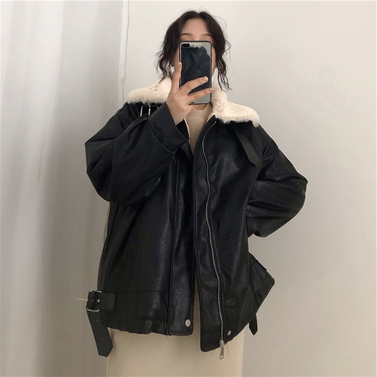 Harbor style jacket female Korean FUR collar motorcycle wear loosefitting student thickened PU leather jacket trend Harbor style jacket female Korean FUR collar motorcycle wear loosefitting student thickened PU leather jacket trend
