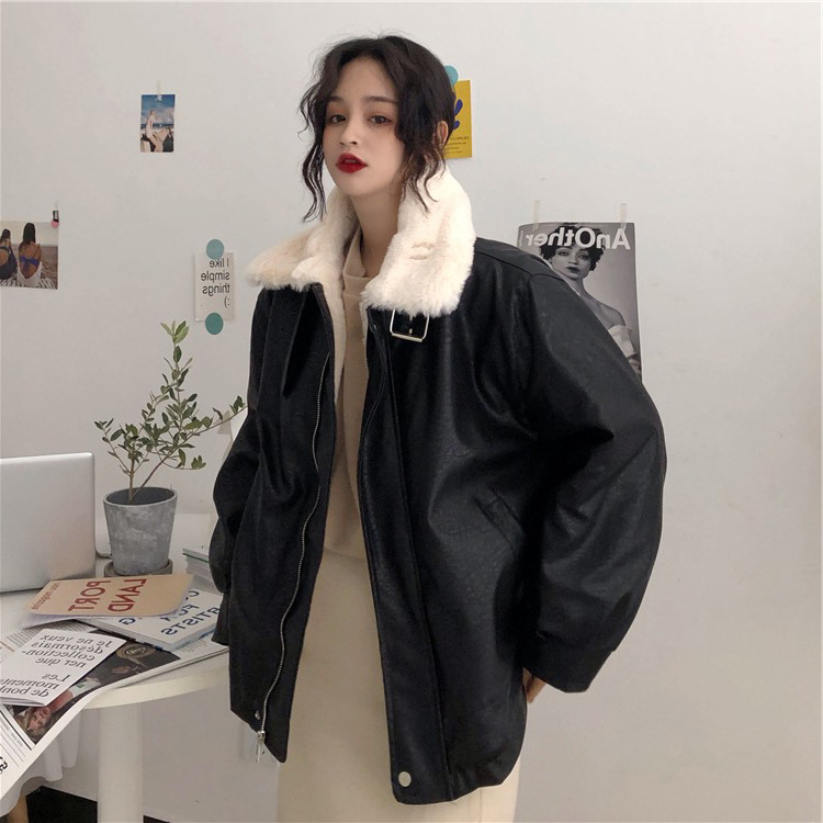 Harbor style jacket female Korean FUR collar motorcycle wear loosefitting student thickened PU leather jacket trend Harbor style jacket female Korean FUR collar motorcycle wear loosefitting student thickened PU leather jacket trend