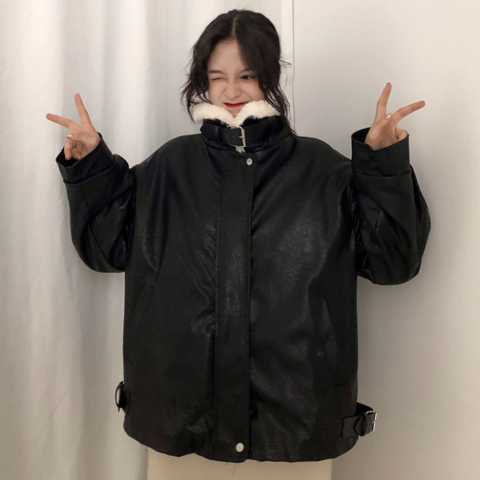 Harbor style jacket female Korean FUR collar motorcycle wear loosefitting student thickened PU leather jacket trend Harbor style jacket female Korean FUR collar motorcycle wear loosefitting student thickened PU leather jacket trend