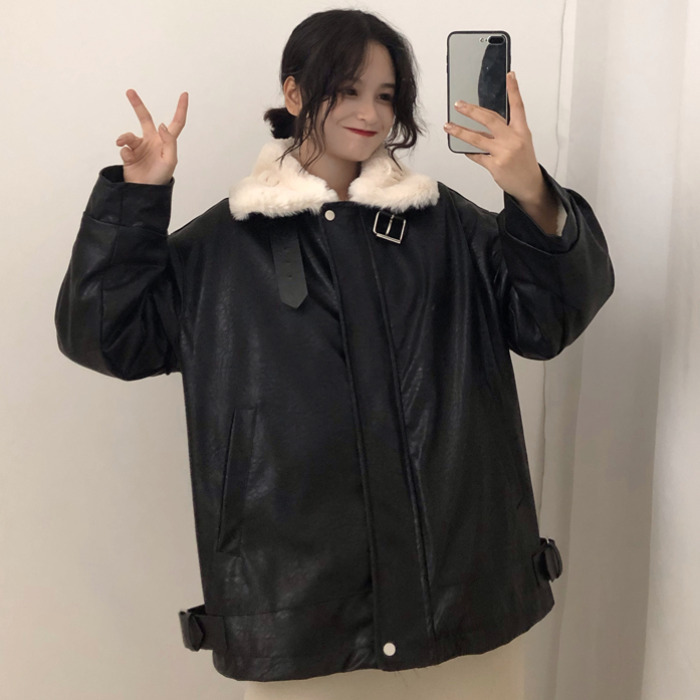 Harbor style jacket female Korean FUR collar motorcycle wear loosefitting student thickened PU leather jacket trend Harbor style jacket female Korean FUR collar motorcycle wear loosefitting student thickened PU leather jacket trend