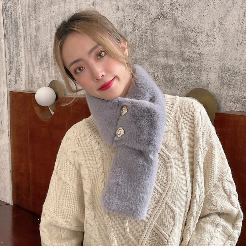 Wholesale New Winter Warm Yang Plush Cross Scarf Korean Versatile Thickened Solid Color Fur Collar Button Scarf